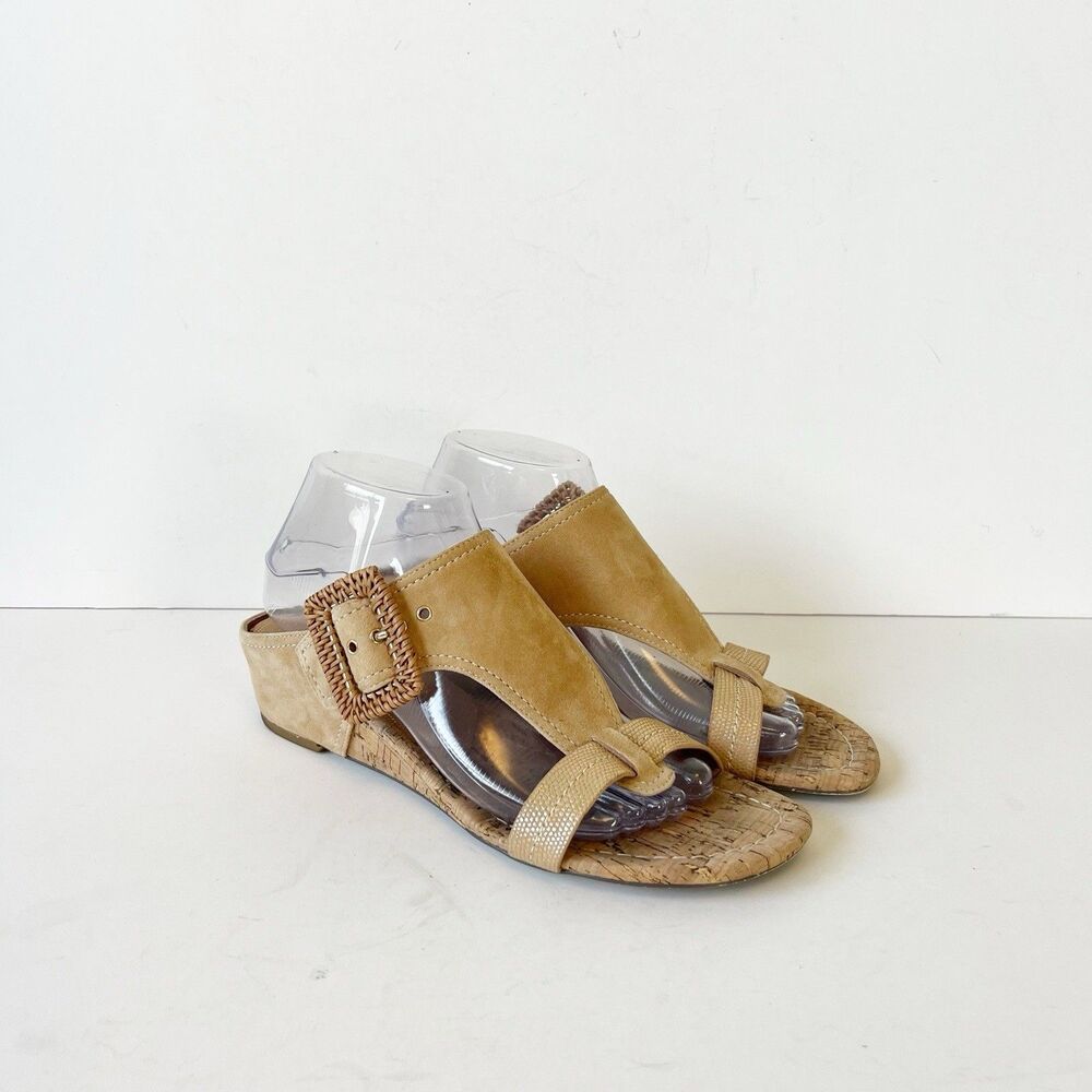 Donald Pliner Low Wedge Sandals Tan Leather Cork Slip On Buckle Boho Size 9